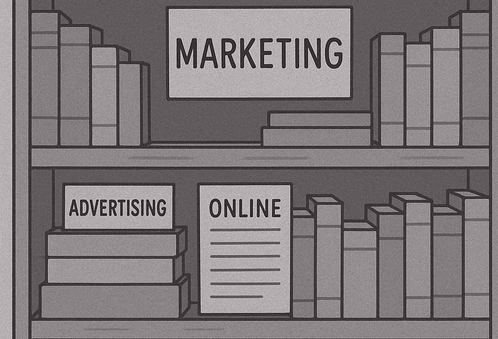 organized shelves, one says marketing and has the books in descending order, the next line has sub categories for advertising and online spend