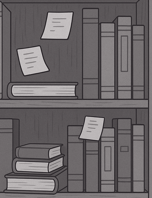 a bookshelf that's doing a so-so job -- the books are a little cattywampus, there are some notes floating around.