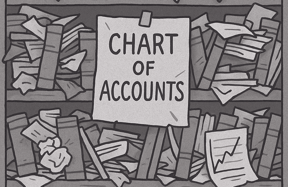 a messy, chaotic bookcase with papers everywhere, some crumpled. a sign is taped on that says "chart of accounts"