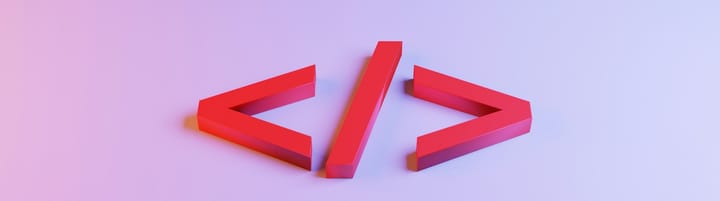 3D render of bright red HTML angle brackets (<, /, >) arranged on a pastel purple surface